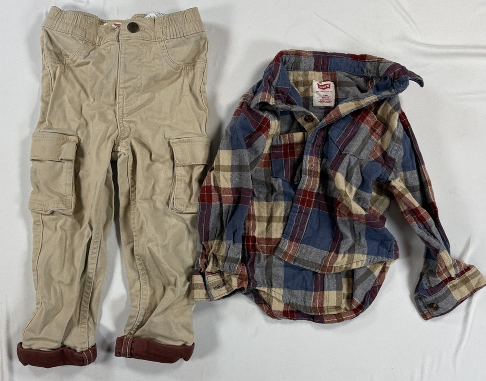 Levis 24M Baby Boy Lot Of 2 set Flannel Shirt Cargo Jogger Pants